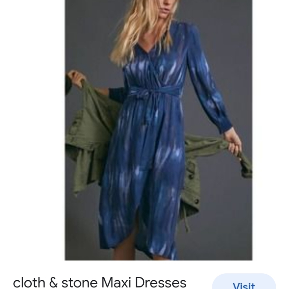 Cloth & Stone Long Sleeve Tie Back V Neck Lined Brushstroke Midi Dress Size XS